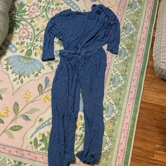 Blue Ribbed Lounge Set - Two-Piece Top & Pants - Picture 1 of 4